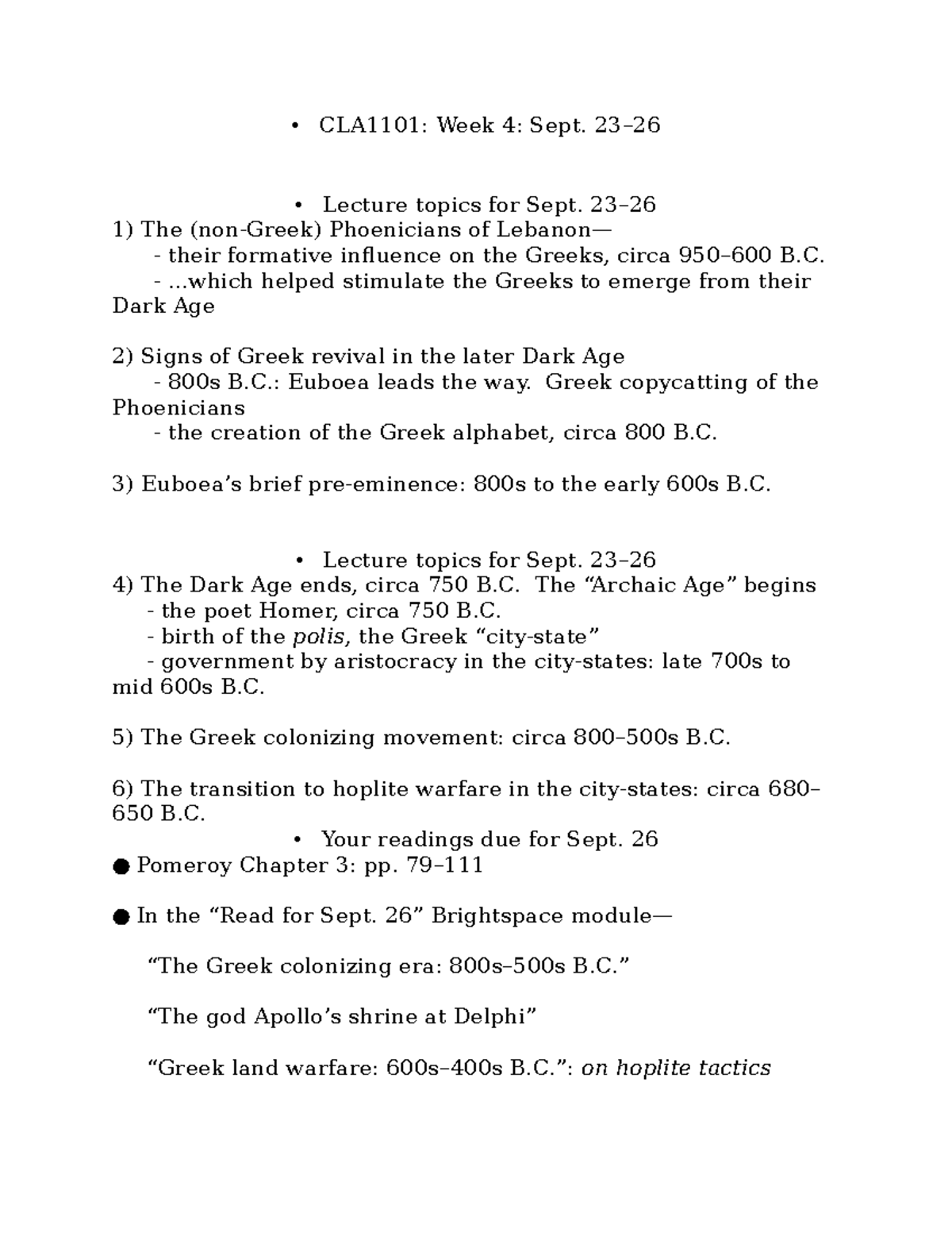 CLA1101: Week 4 Lecture Topics - The Phoenicians & Greek Revival - Studocu