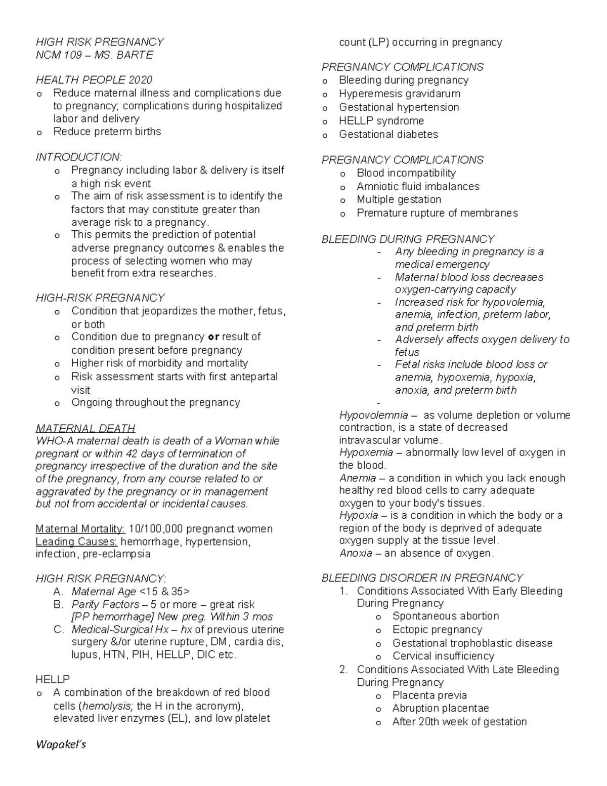NCM 109 Reviewer: High Risk Pregnancy Overview and Key Concepts - Studocu