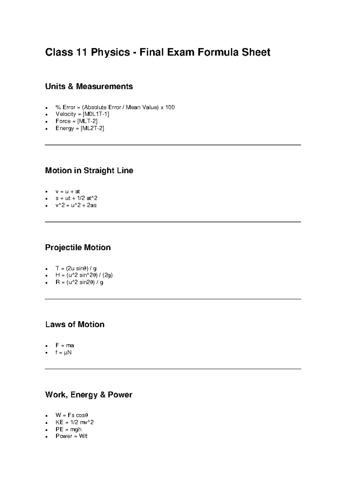 Class 11 Physics Formula Sheet - Class 11 Physics - Final Exam Formula ...
