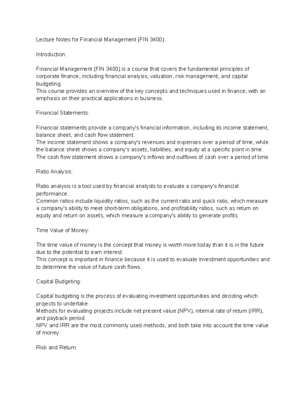 Lecture Notes on Financial Management: Key Concepts (FIN 3400) - Studocu