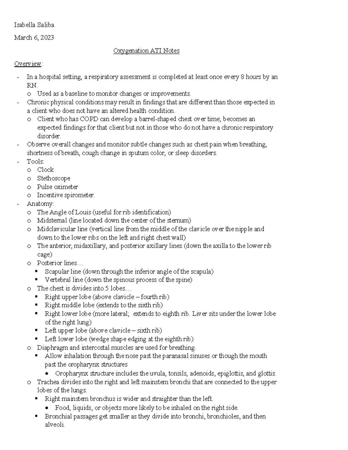 Oxygenation ATI Notes - Isabella Saliba March 6, 2023 Oxygenation ATI ...