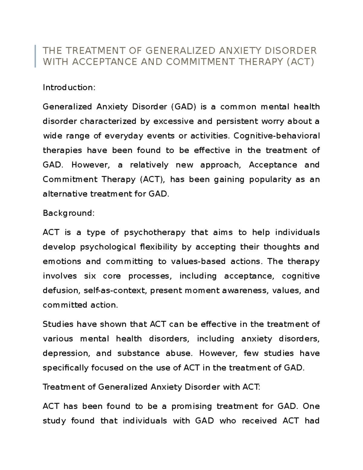 Effective Treatment of Generalized Anxiety Disorder with ACT - Studocu