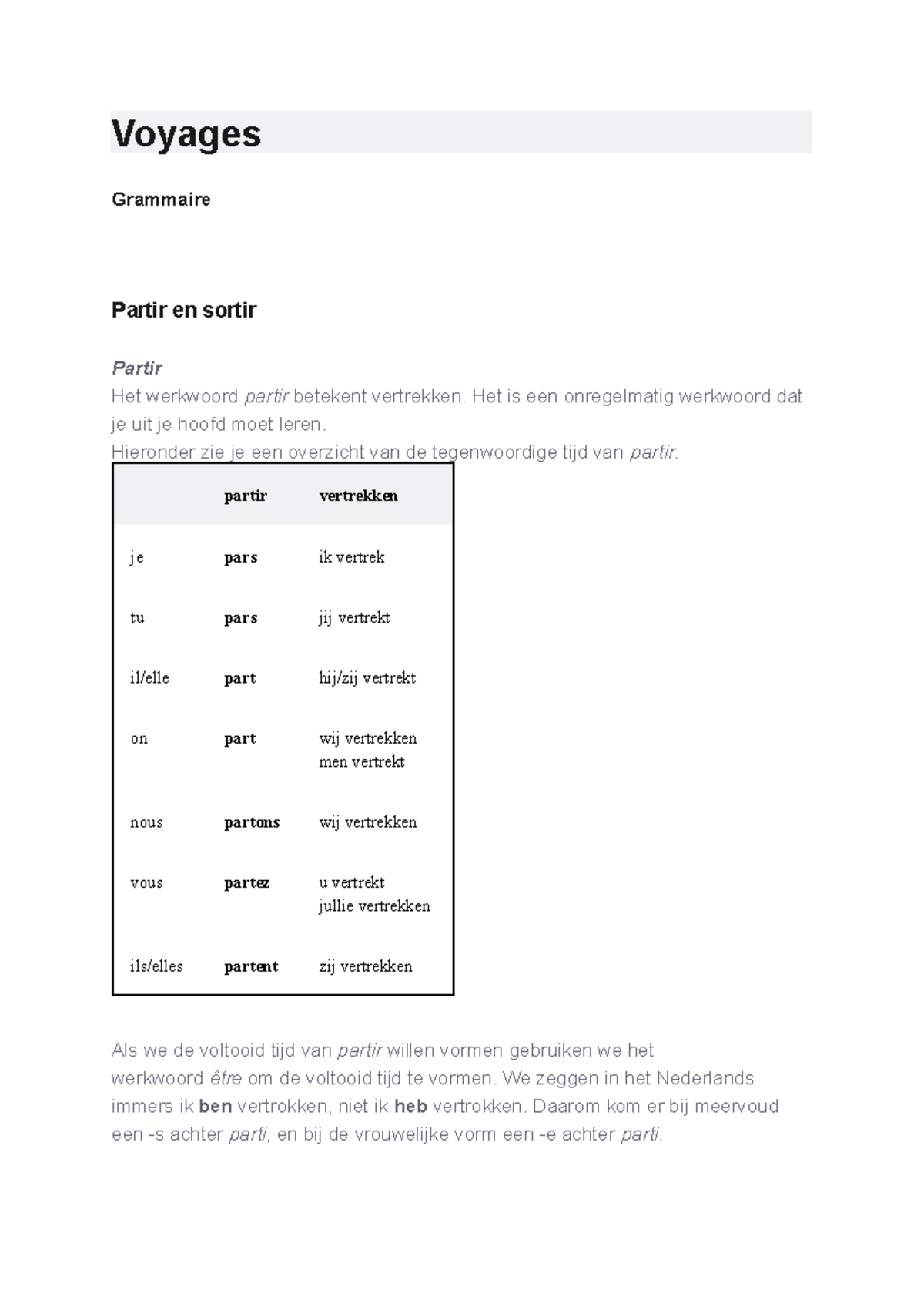 Voyages Grammaire: Werkwoorden Partir en Sortir Uitleg - Studeersnel