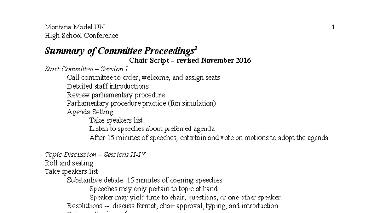 Montana Model UN High School Conference 1: Chair Script & Committee ...