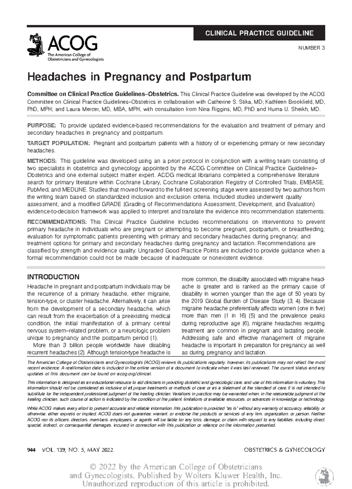 Clinical Practice Guidelines for Headache Management in Pregnancy (ONG ...