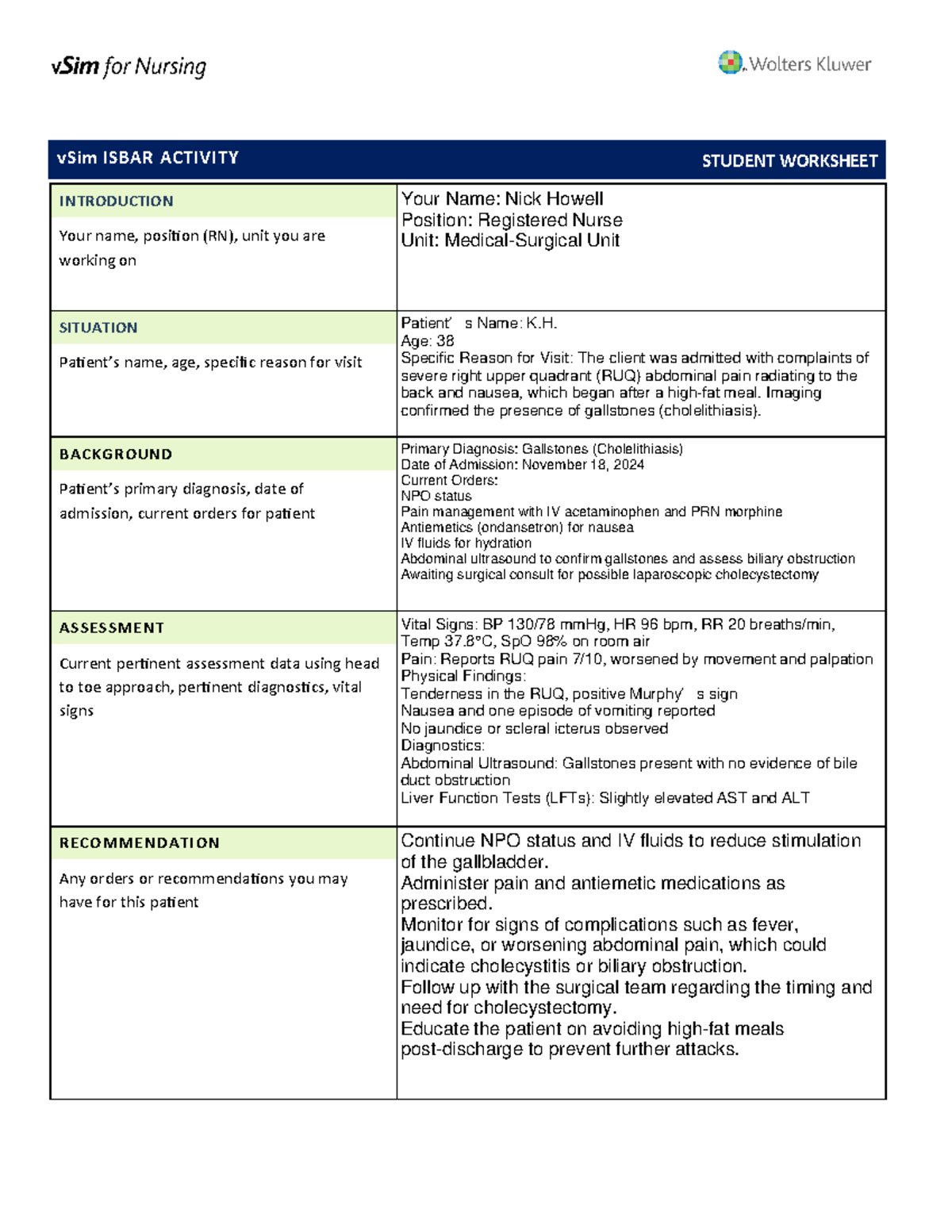 Isbar Workheet W7Q2 - NUR213 - INTRODUCTION vSim ISBAR ACTIVITY Your ...