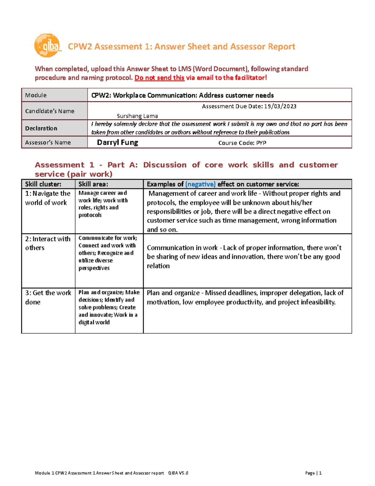 Module 1 CPW2 Assessment 1: Answer Sheet & Assessor Report - Studocu