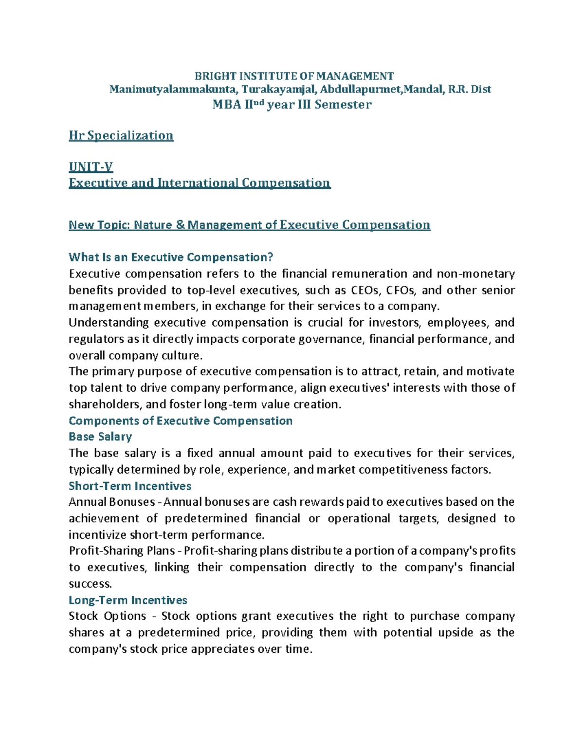 MBA II Year SEM II Notes: Compensation Management & Payroll Systems ...