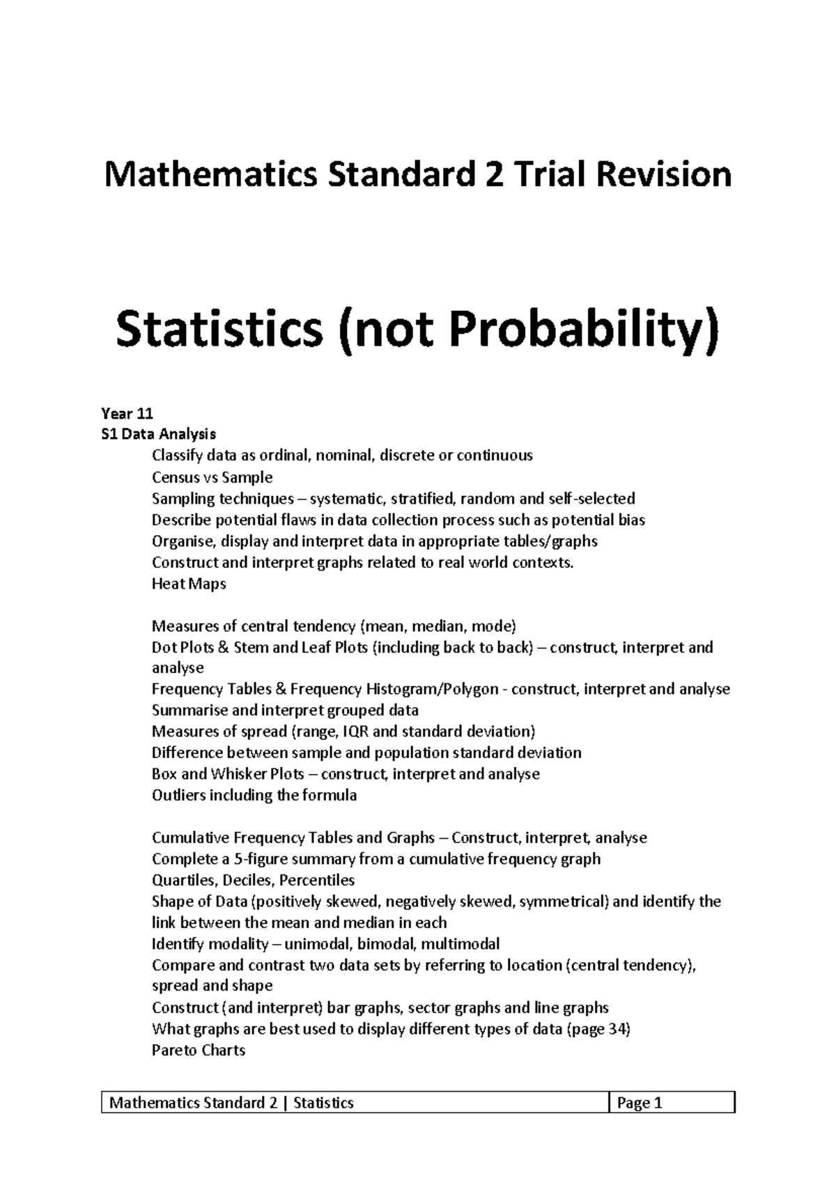 Mathematics Standard 2 Trial Revision: Statistics & Data Analysis Year ...