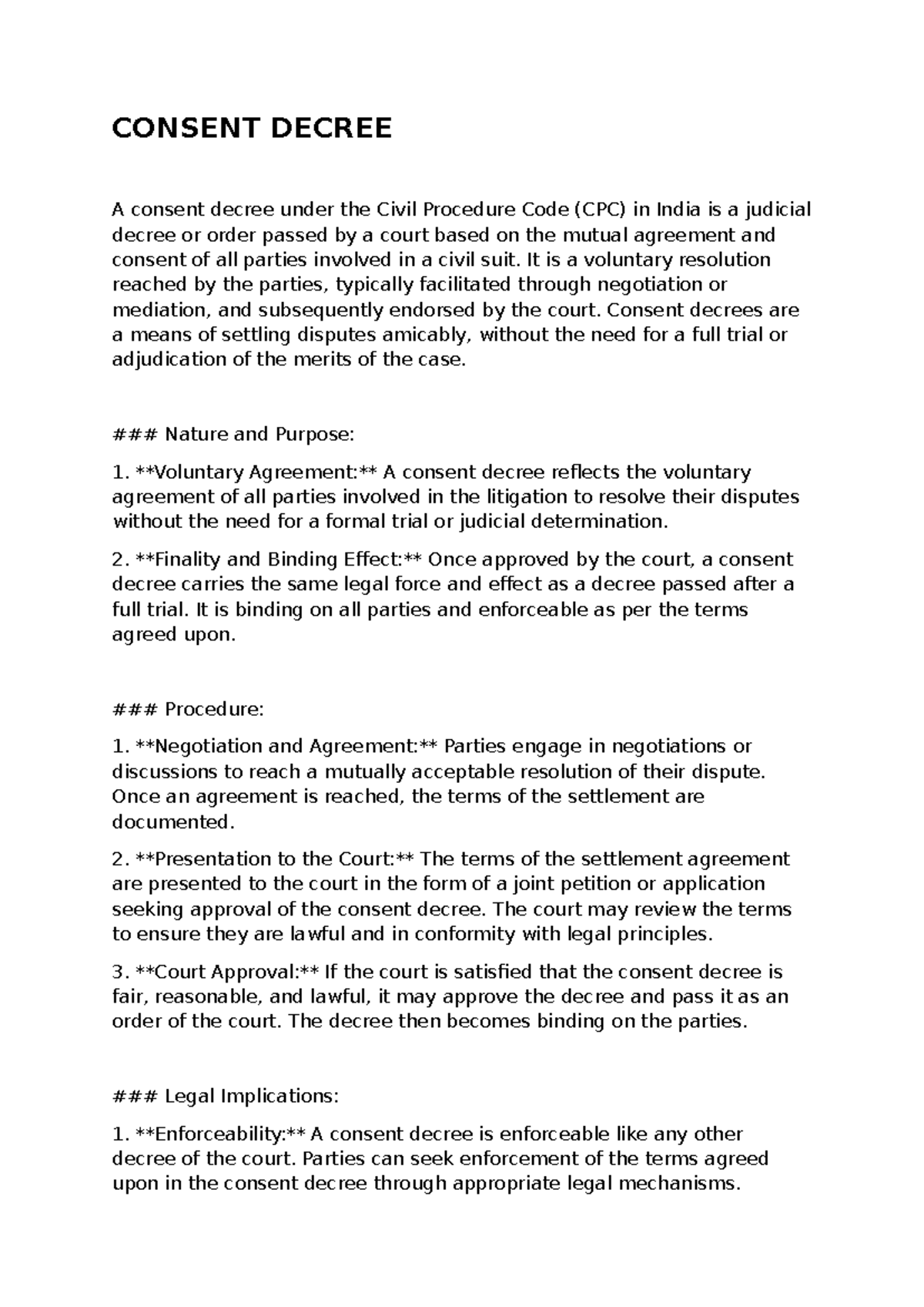 CPC SEM 8 - Comprehensive Notes on Consent Decrees and Legal Procedures ...