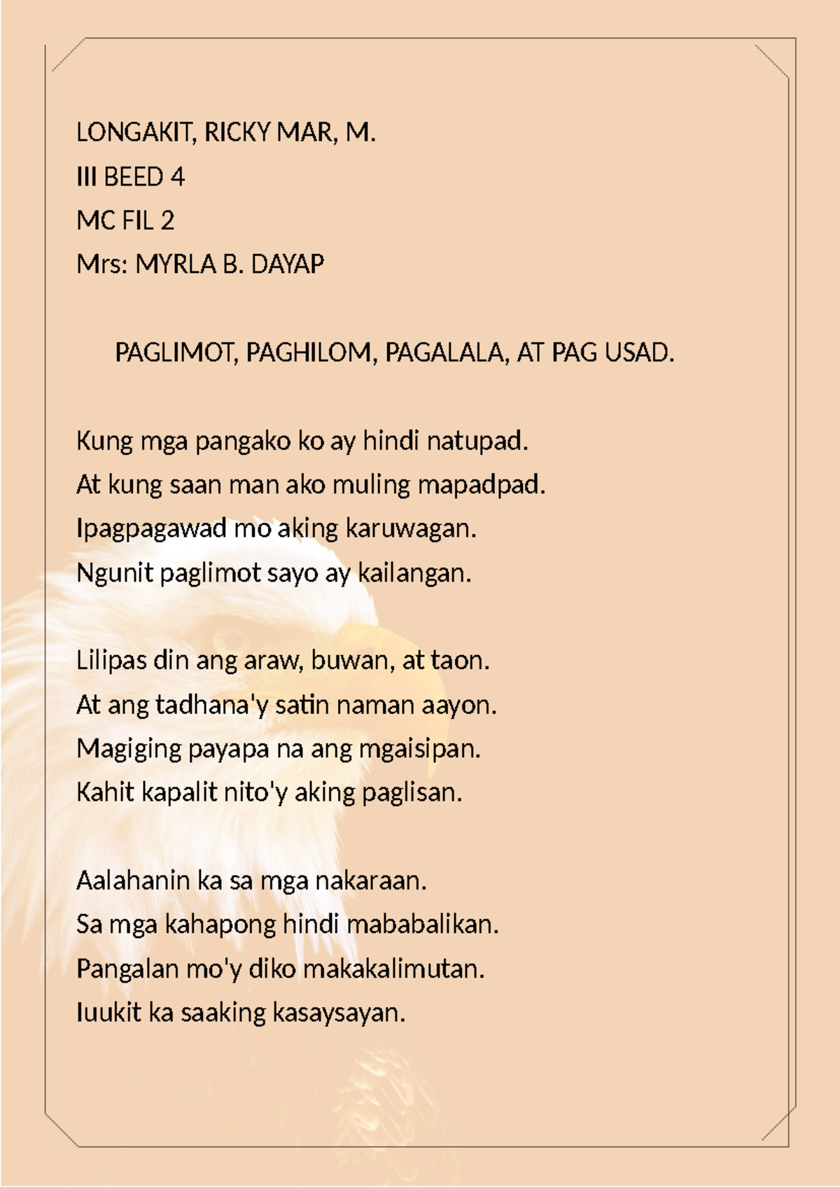Paglimot: M. BEED 4 MC FIL 2 - Final Poem Analysis - Studocu