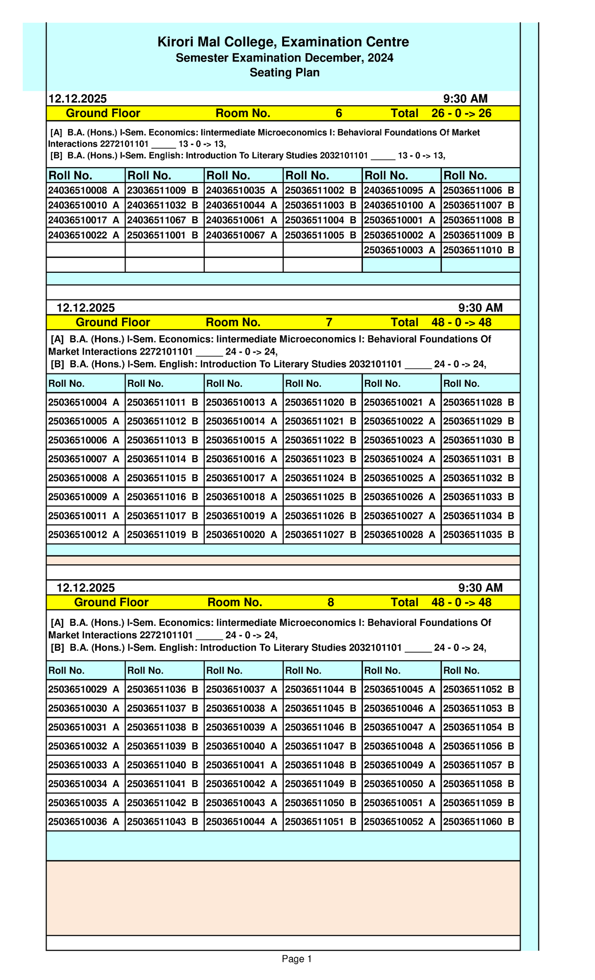 Seating Plan for Semester Exams - Kirori Mal College (Dec 2025) - Studocu