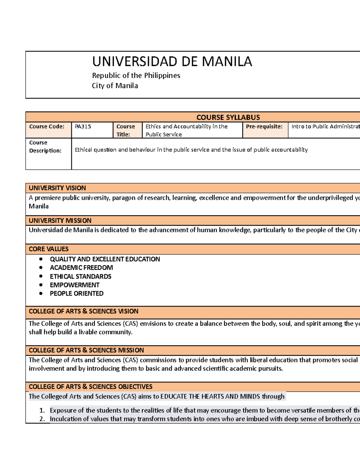 PA315 Ethics and Accountability in Public Service Course Syllabus - Studocu