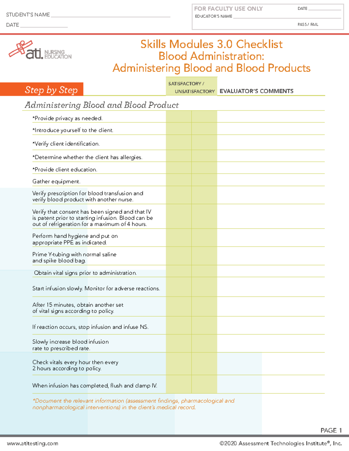 Skills Checklist Blood Admin - ####### EDUCATOR ####### IMPLEMENTATION ...