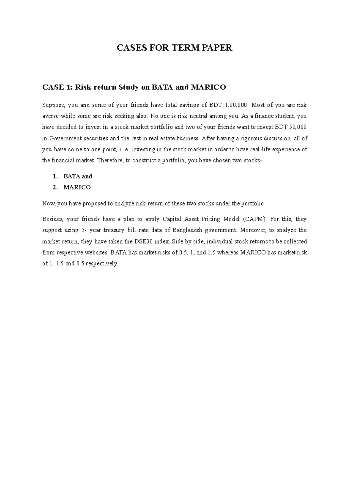 FIN1105 Term Paper - CASES FOR TERM PAPER CASE 1: Risk-return Study on ...