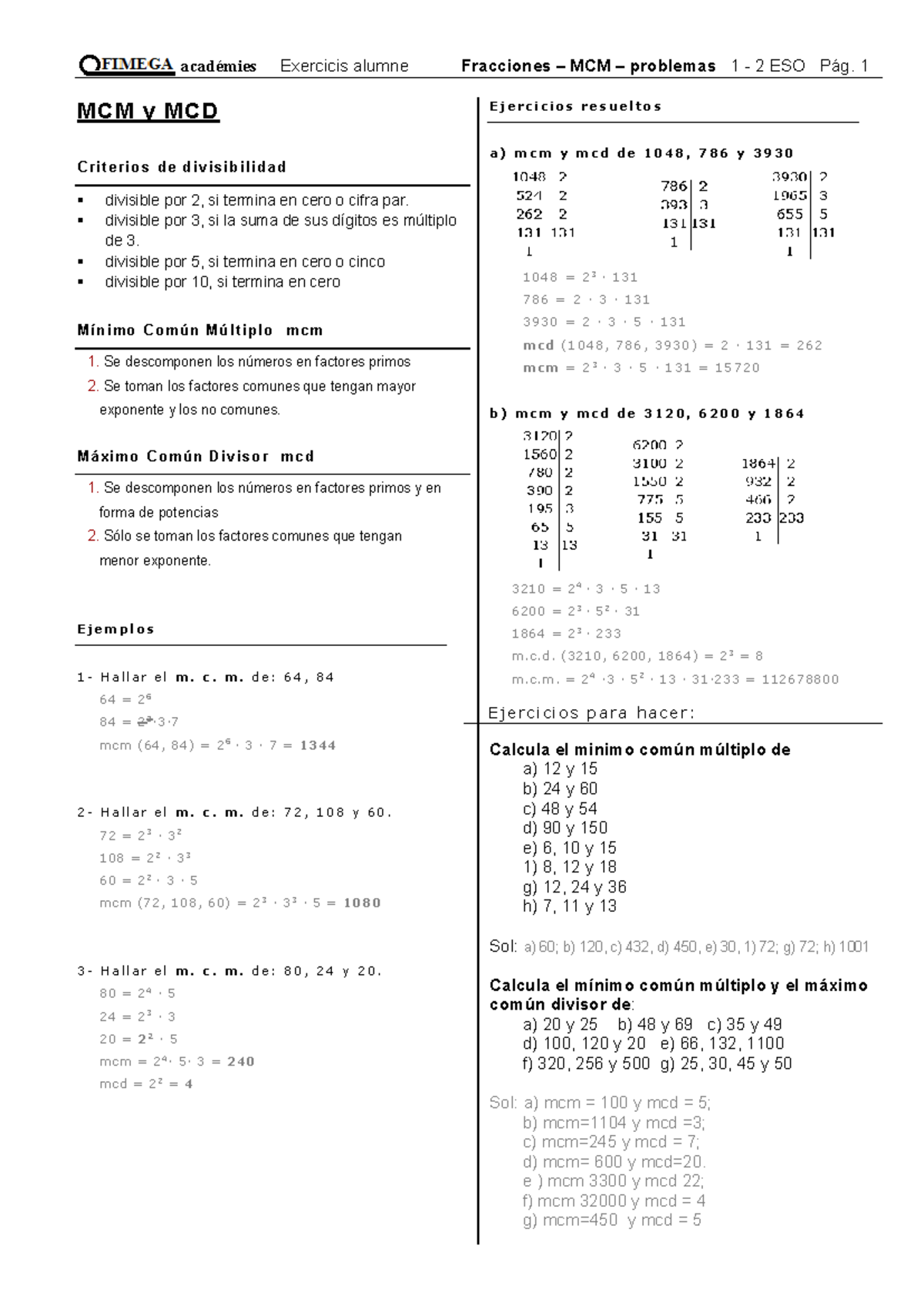 Ejercicios de MCM y MCD para 1º ESO - Fracciones y Divisibilidad - Studocu