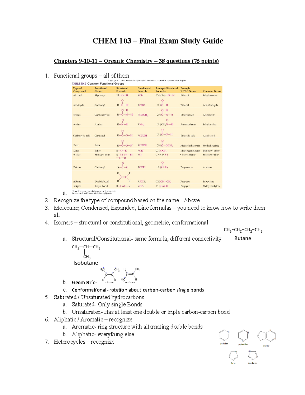103 Final exam study guide - CHEM 103 – Final Exam Study Guide Chapters ...