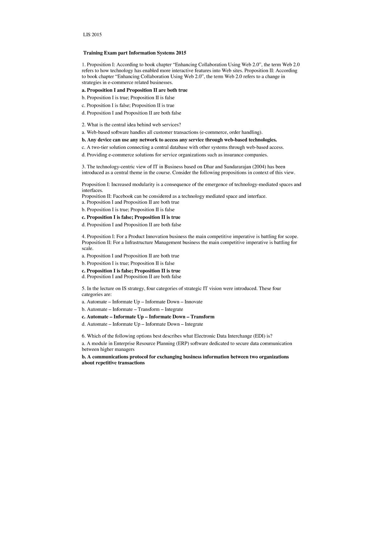LIS 2015 Training Exam: Sample Q&A for Information Systems - Studeersnel