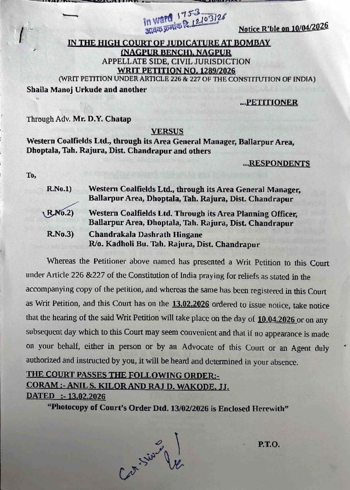 Writ Petition No. 1289-2026: Notice from High Court of Bombay - Studocu