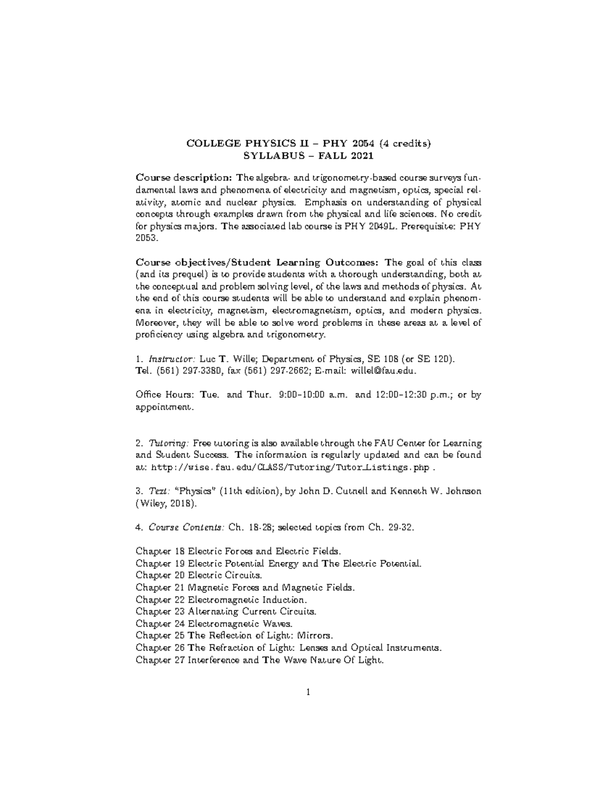 PHY 2054 Final Exam Syllabus for College Physics II - Fall 2021 - Studocu