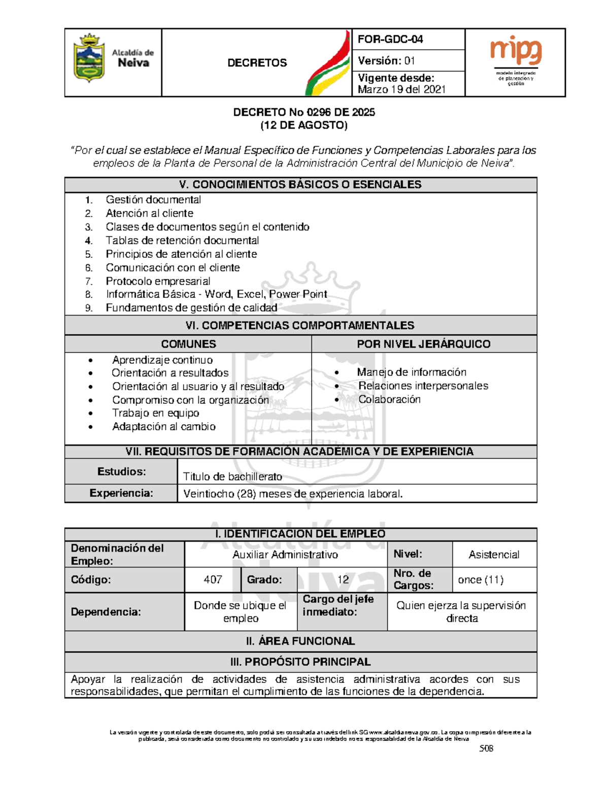 AUX 407 - Manual de Funciones y Competencias Laborales - Studocu