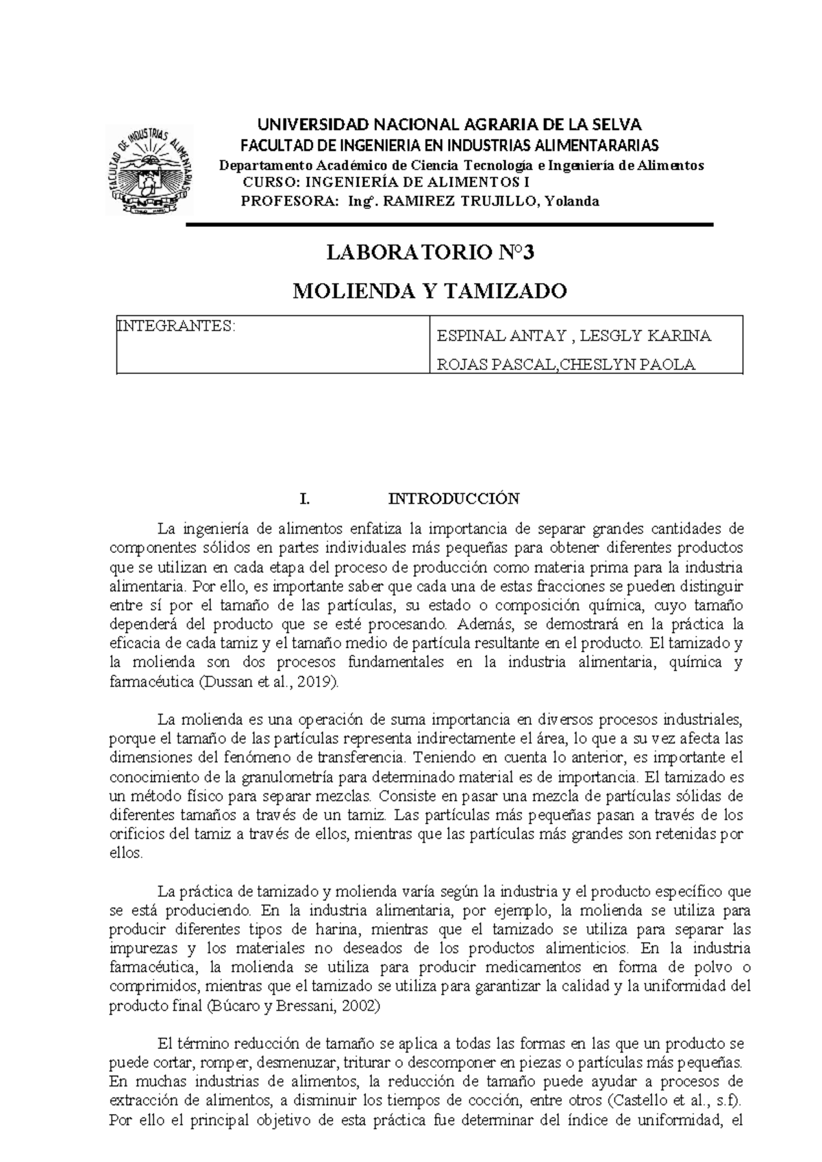 Informe de Molienda y Tamizado en Ingeniería de Alimentos I - Document Preview
