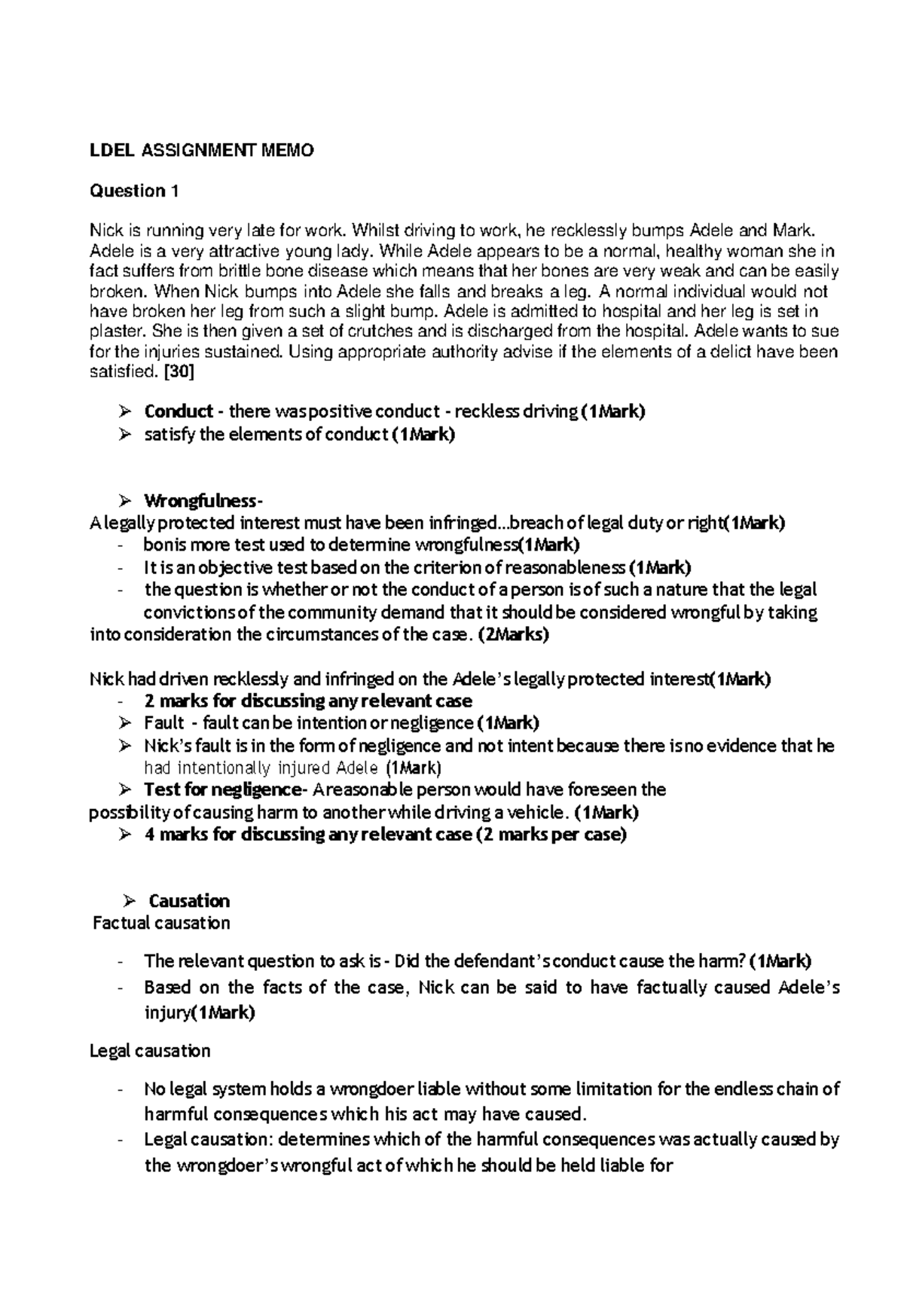 LDEL ASSIGNMENT MEMO 2024: Delict Elements Analysis - Studocu