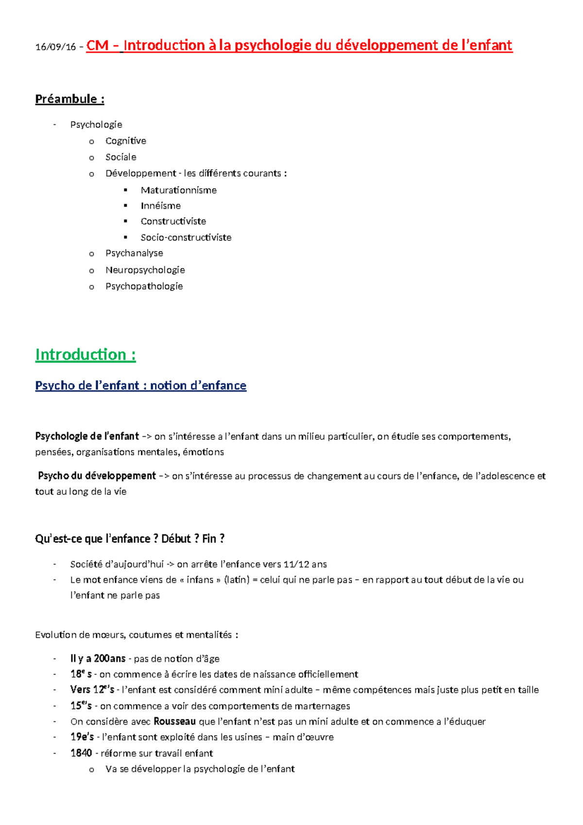 Cours 1 CM intro psycho du dvt - 16/09/16 – CM – Introduction à la ...
