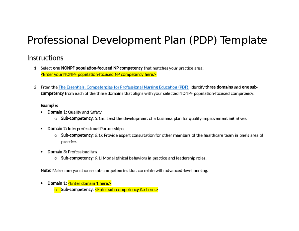 NU668 Professional Development Plan Template Instructions FA125 - Studocu