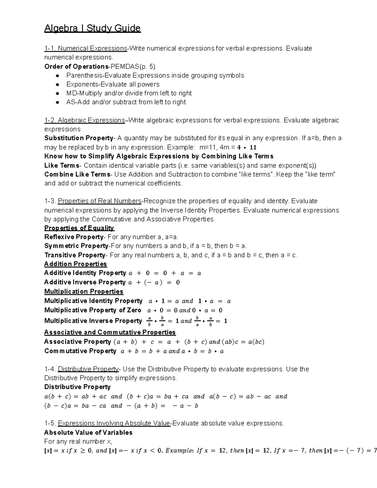 Algebra I (MATH101) Comprehensive Study Guide: Key Topics & Concepts ...