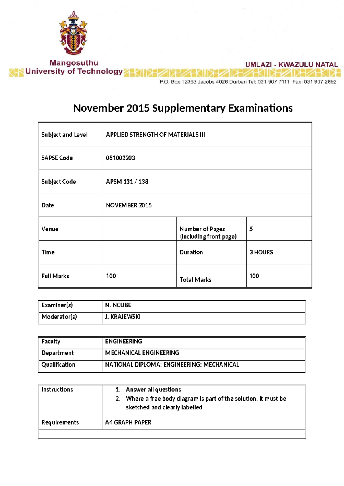 APSM 131 Final Exam: Applied Strength of Materials - Nov 2015 - Studocu