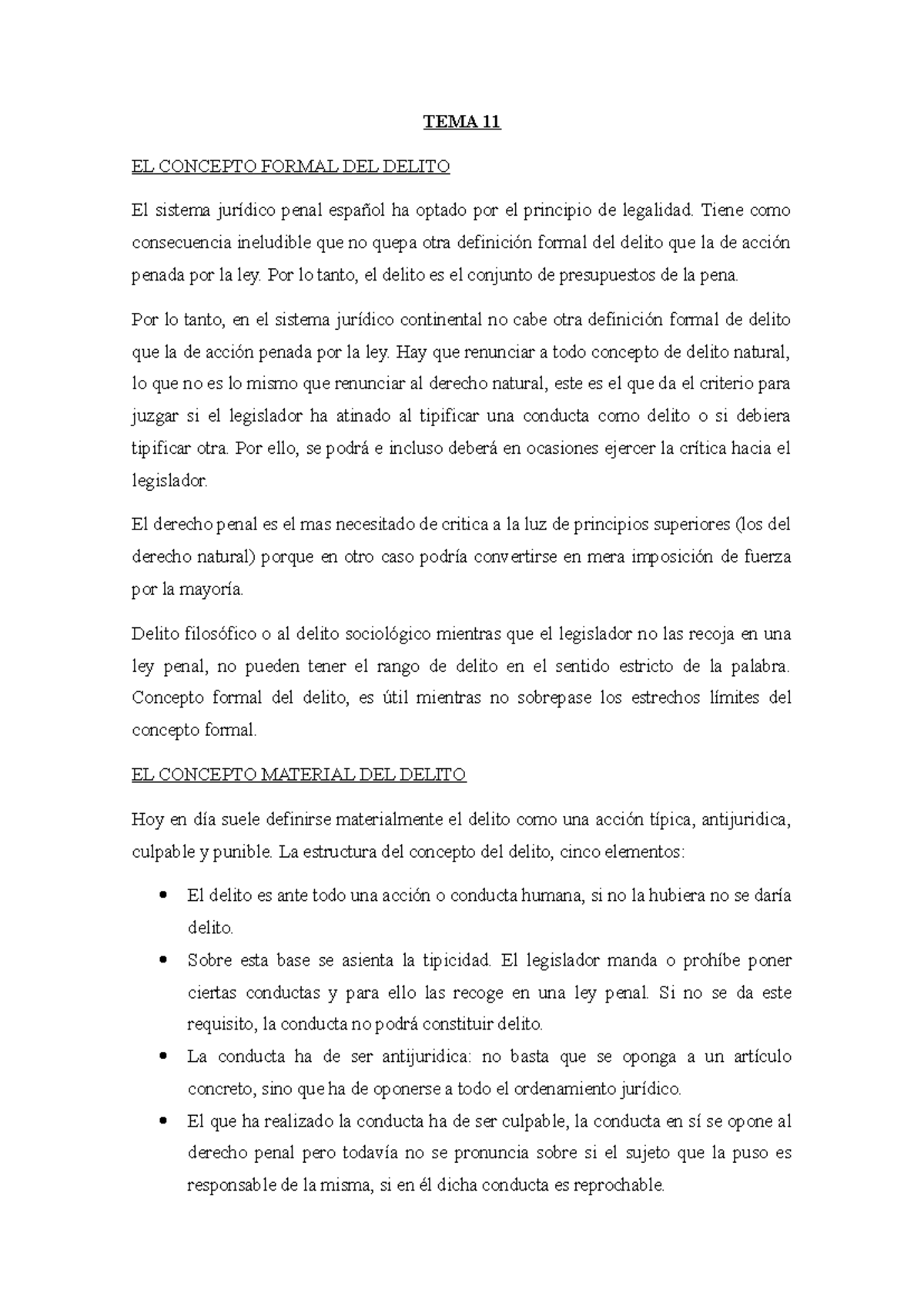 TEMA 11 Y 12: CONCEPTO FORMAL Y MATERIAL DEL DELITO EN DERECHO PENAL ...