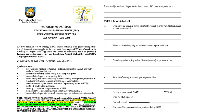 LWAP Application Form 2026: Peer Assisted Student Services - Studocu