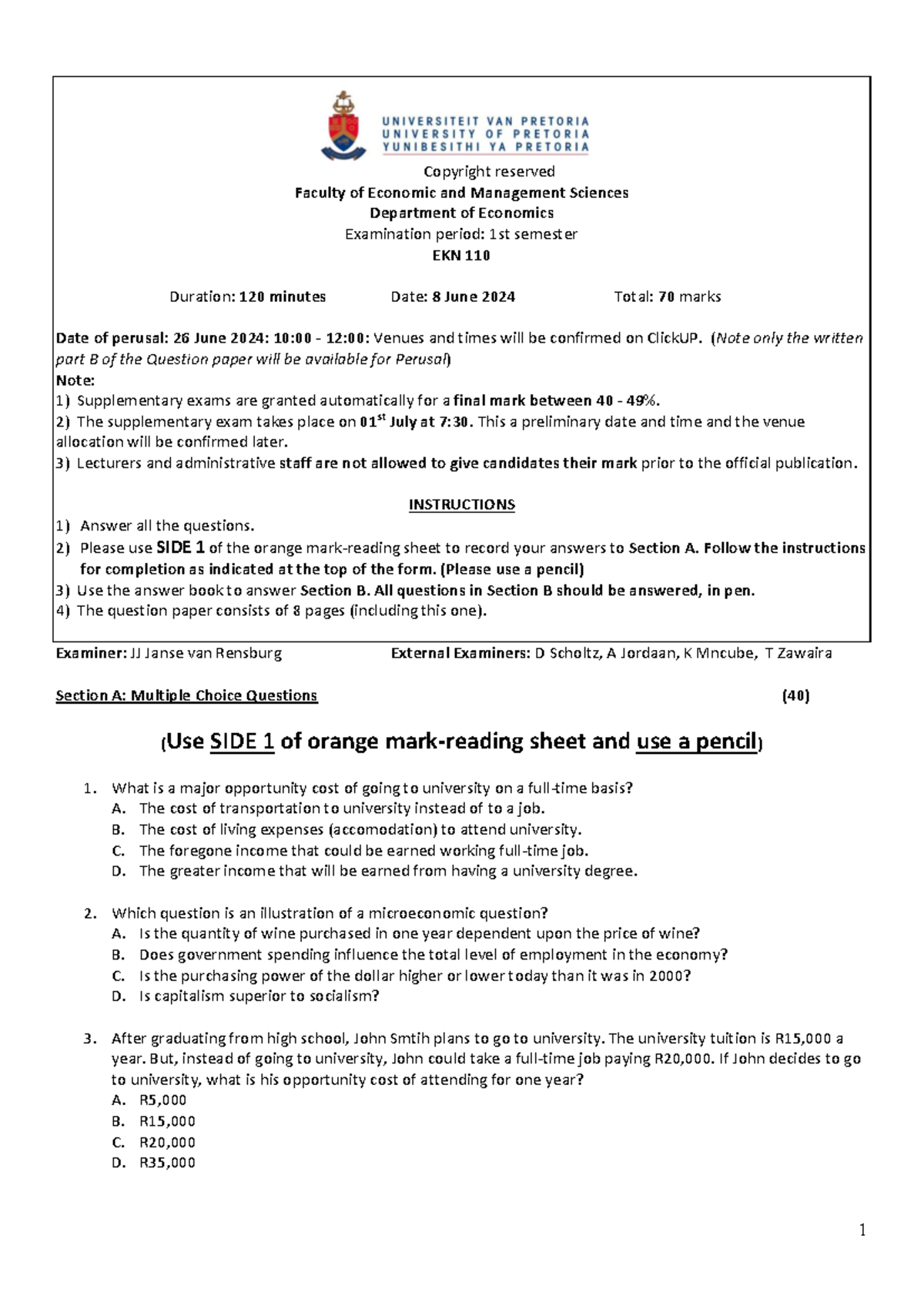 EKN 110 - Final Exam Details and Instructions for 2024 - Studocu