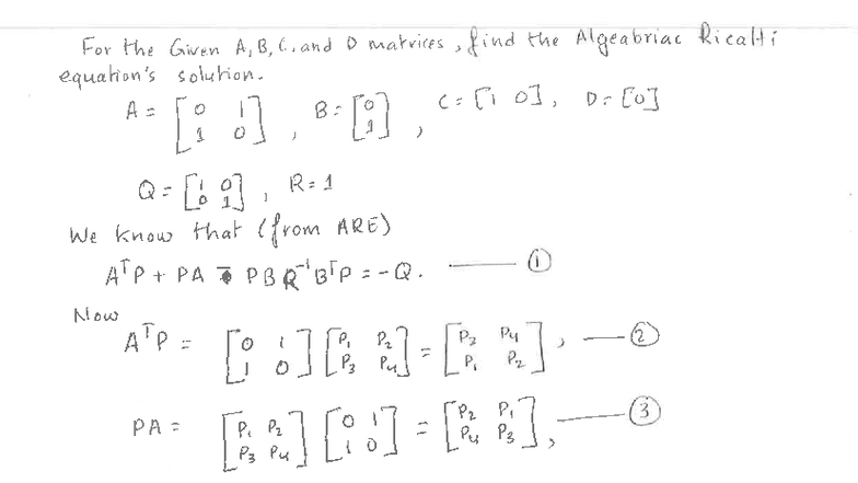 Algebraic Riccati Solution for Matrices A, B, C, D - Tutorial Week 4 ...