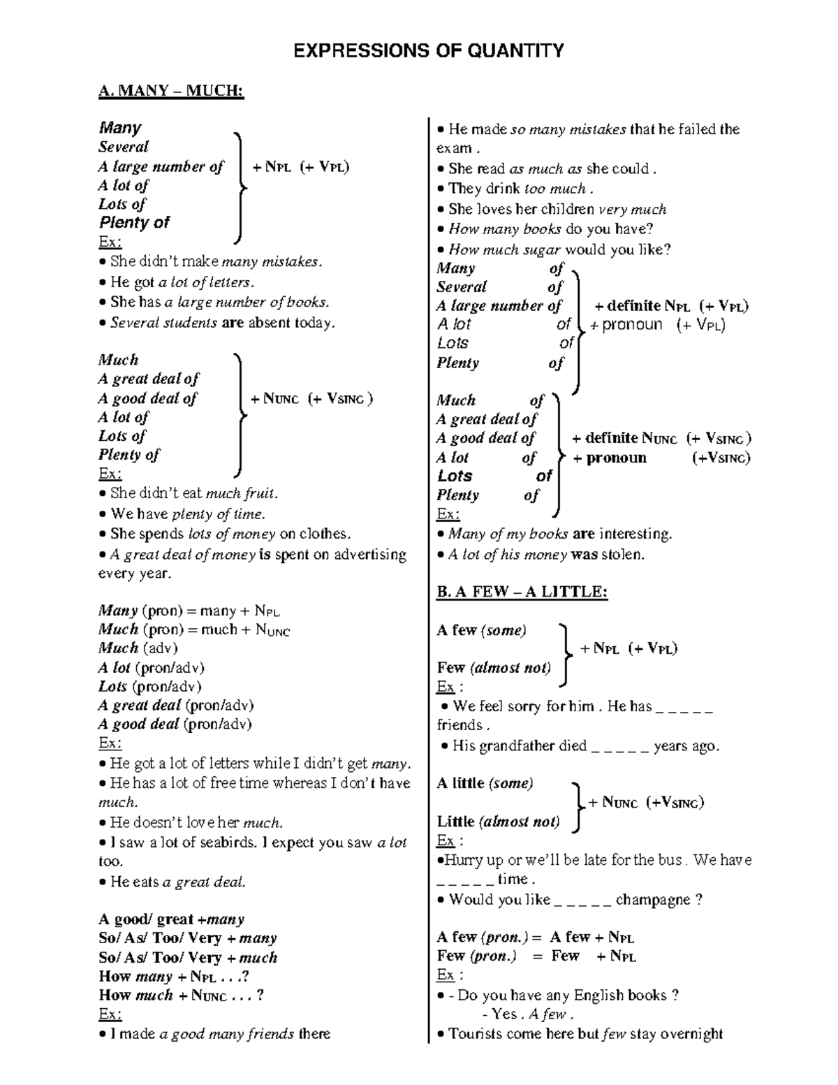 1-BH - Expressions of Quantity: Many, Much, A Few, A Little - Studocu