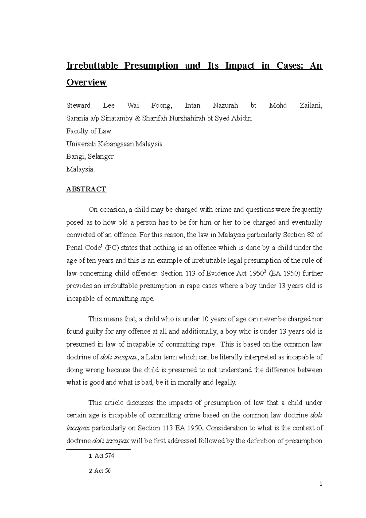 Irrebuttable Presumption & Its Effects on Child Offenders (LAW 101 ...