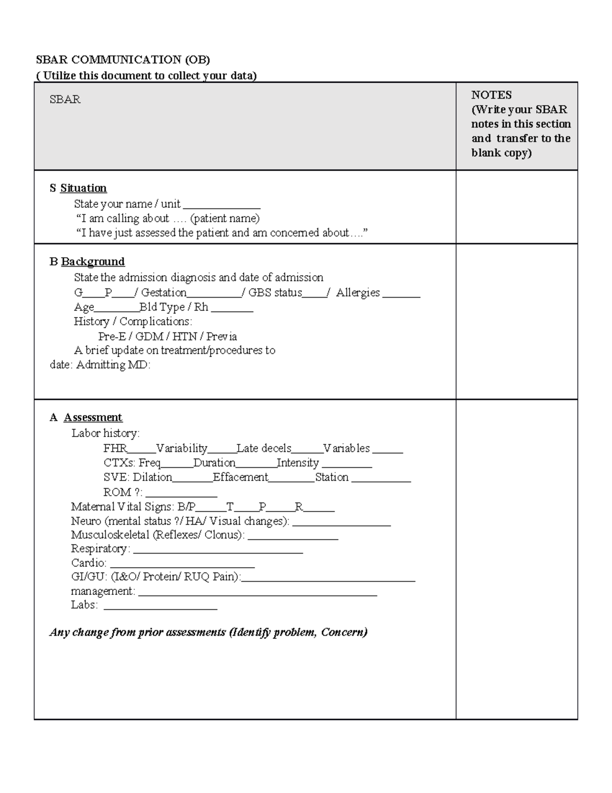 SBAR Communication Template (OB) for Patient Assessment - Studocu