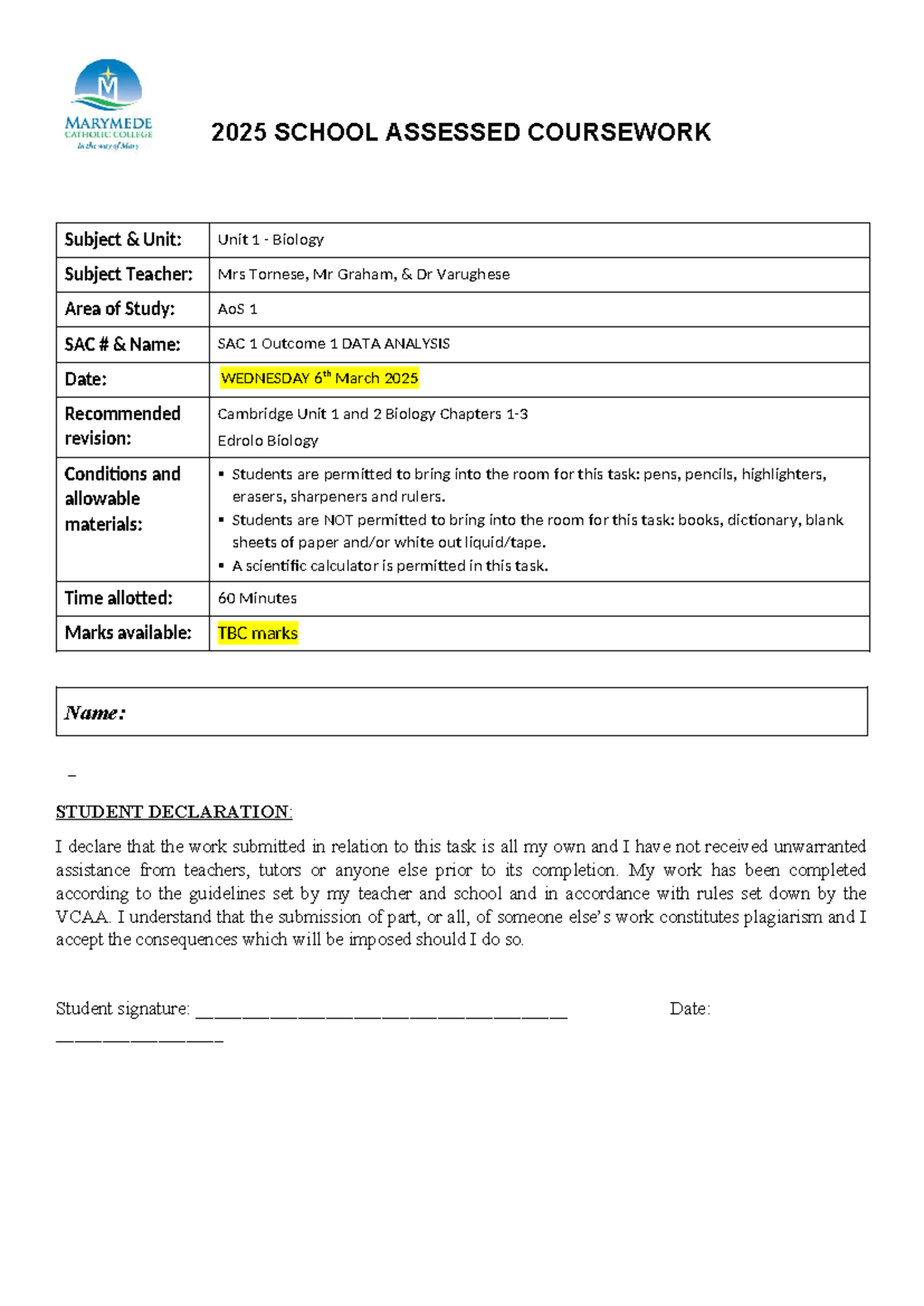 Unit 1 Biology SAC 1 Outcome 1 Data Analysis Criteria 2025 - Studocu