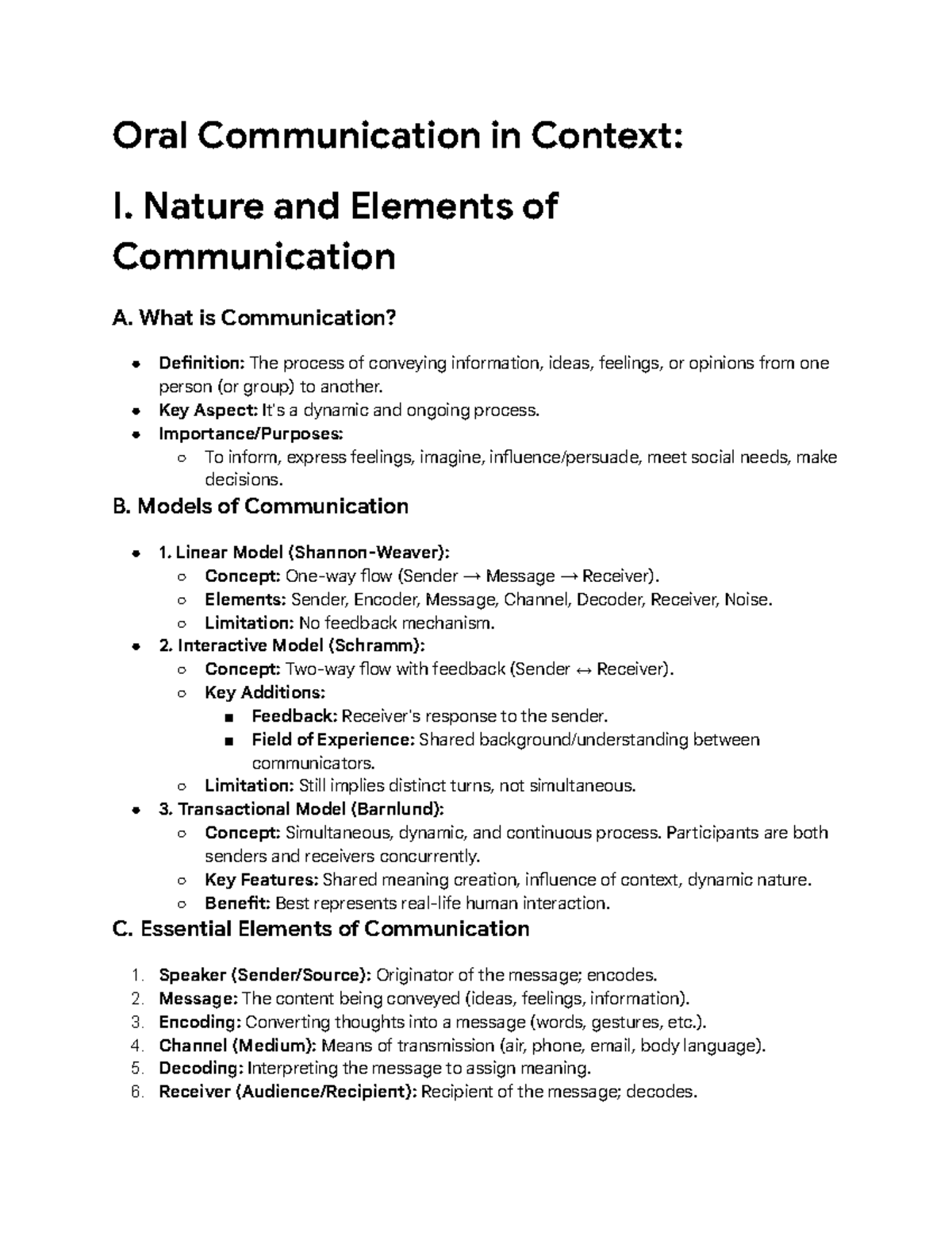 Oral Communication in Context: Nature, Models, and Principles - Studocu