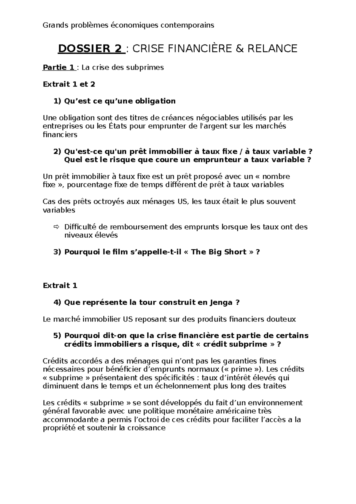TD2 : Crise Financière et Relance - Analyse des Subprimes et Politiques ...