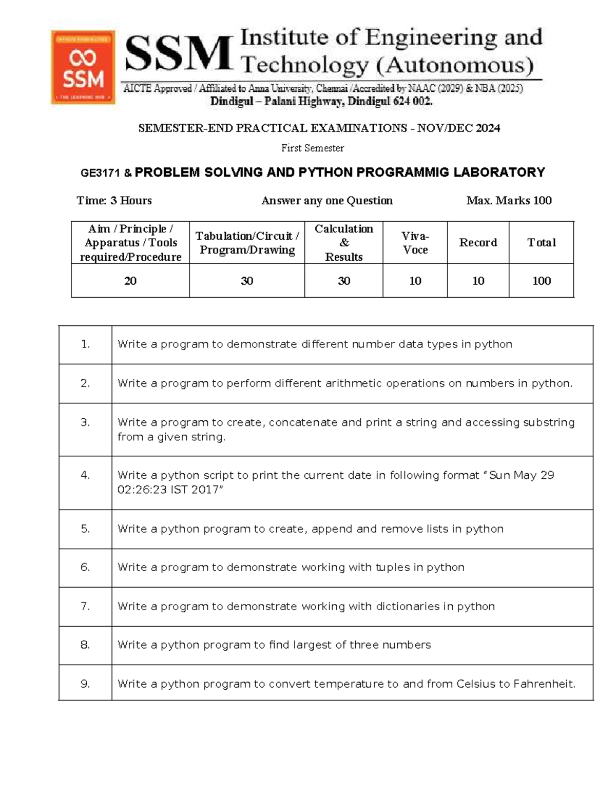 GE3171 Practical Exam 2024: Python Programming Lab Set 1 - Studocu