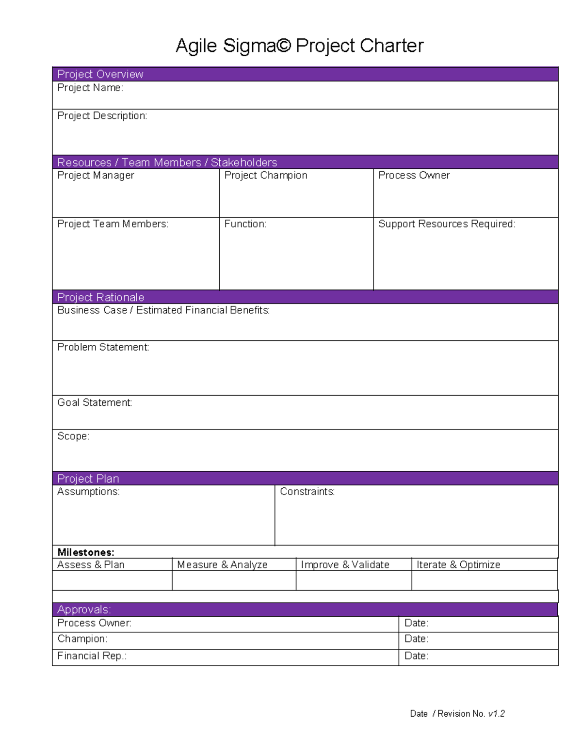 A.3 Project Charter Template Lean - Agile Sigma© Project Charter ...
