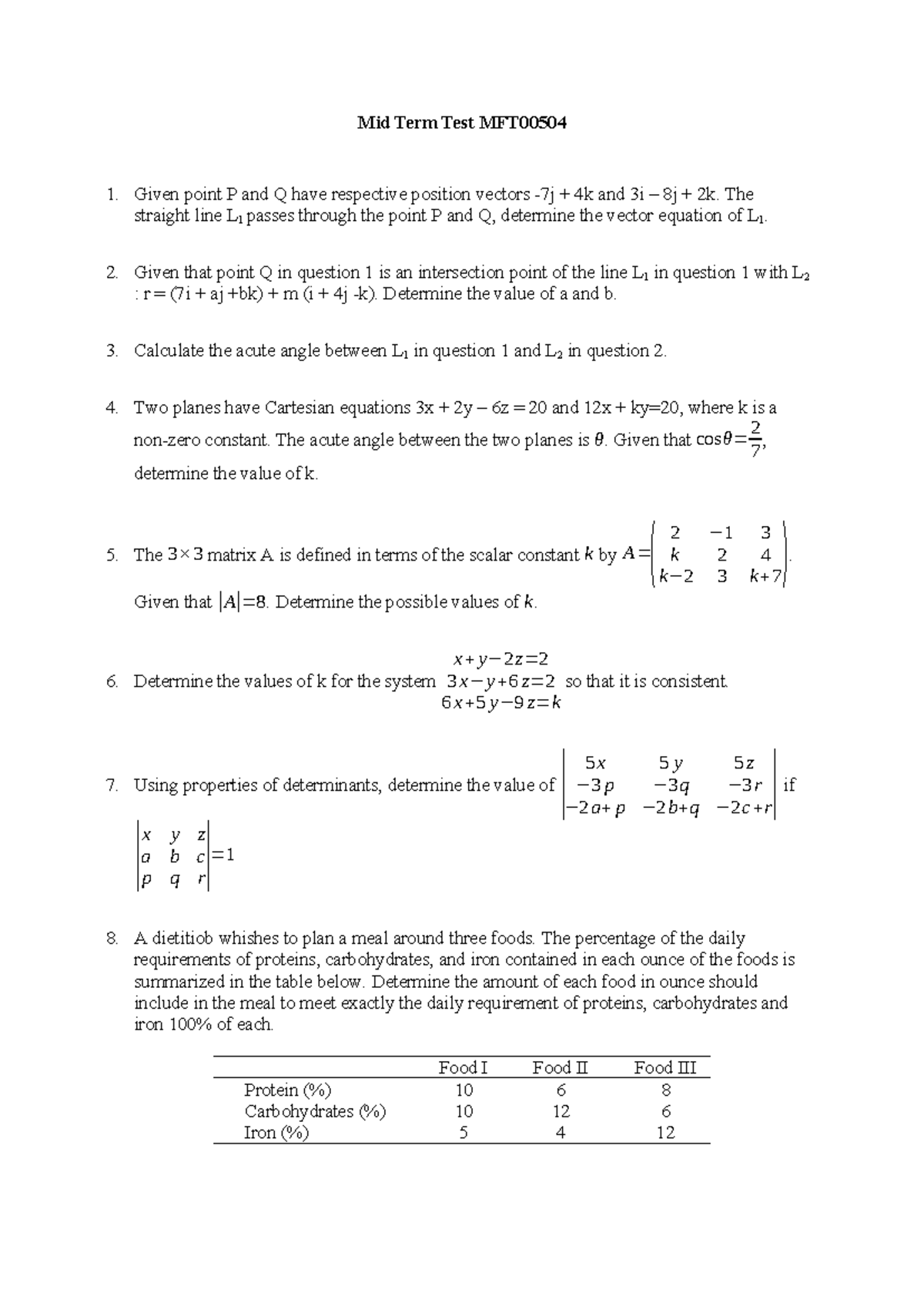 Mid Term Test MFT - Vector Equations, Angles & Determinants - Studocu