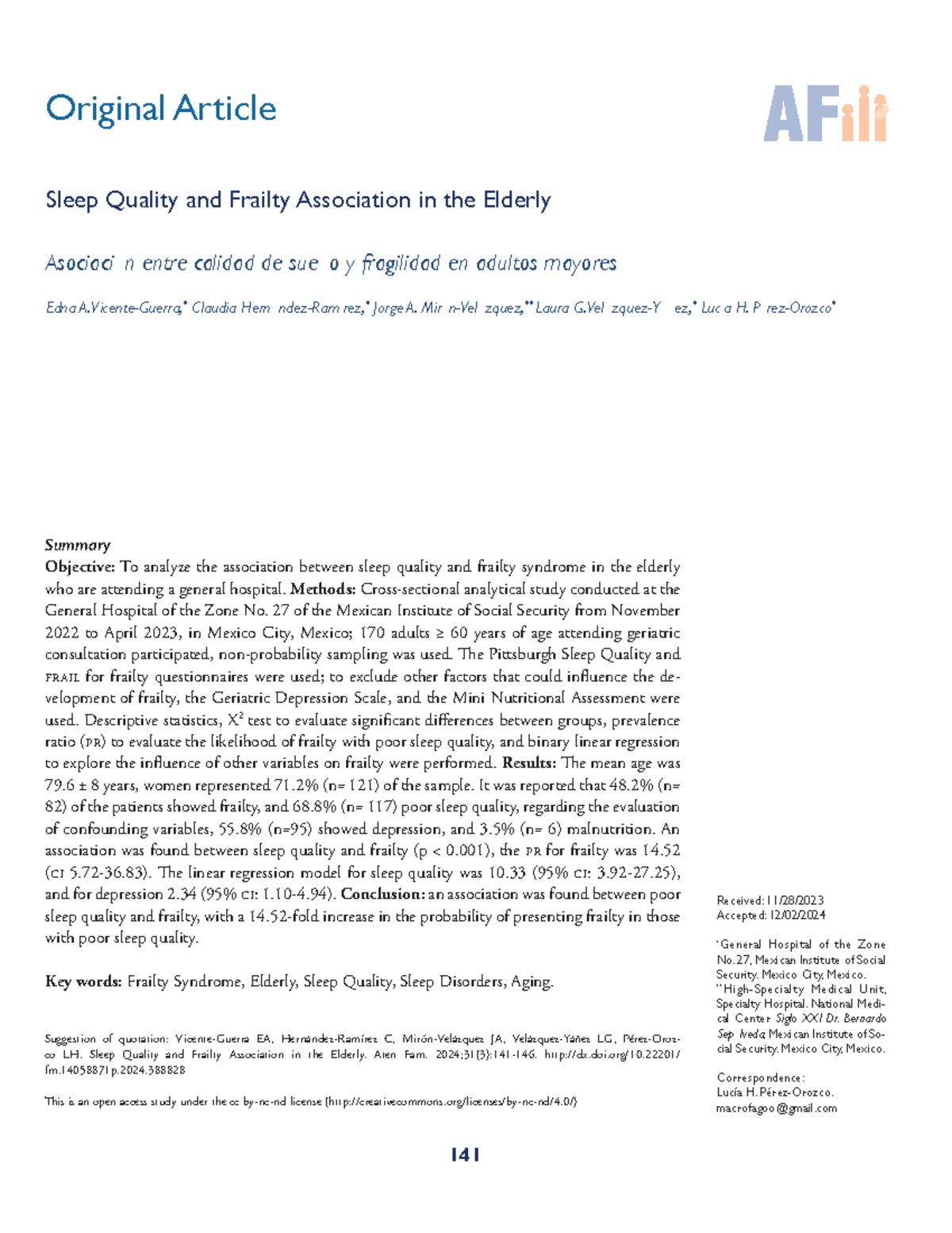 OA: Sleep Quality and Frailty Association in the Elderly - A Study ...