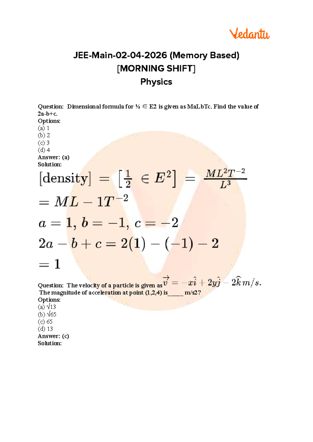 JEE Main 2026 April 2 Shift 1 Physics Question Paper Solutions - Studocu