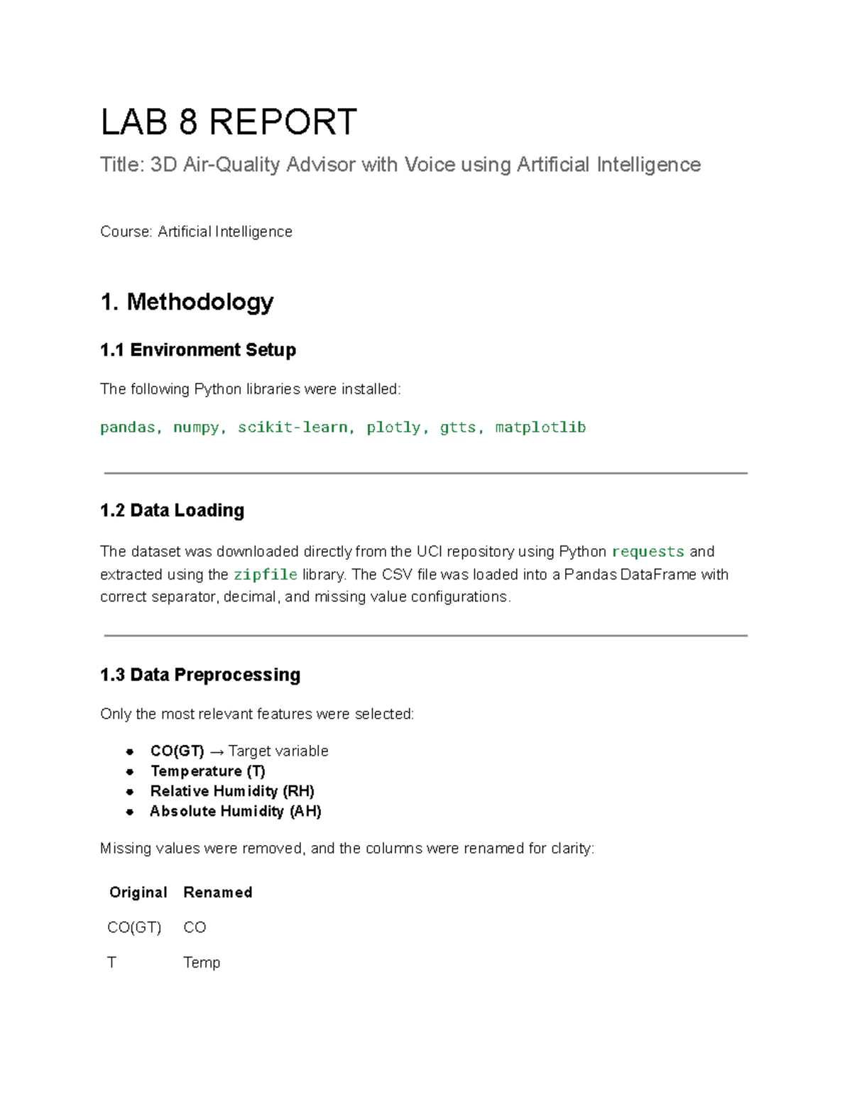 LAB 8 REPORT: 3D AI Advisor with Voice for CO Monitoring - Studocu
