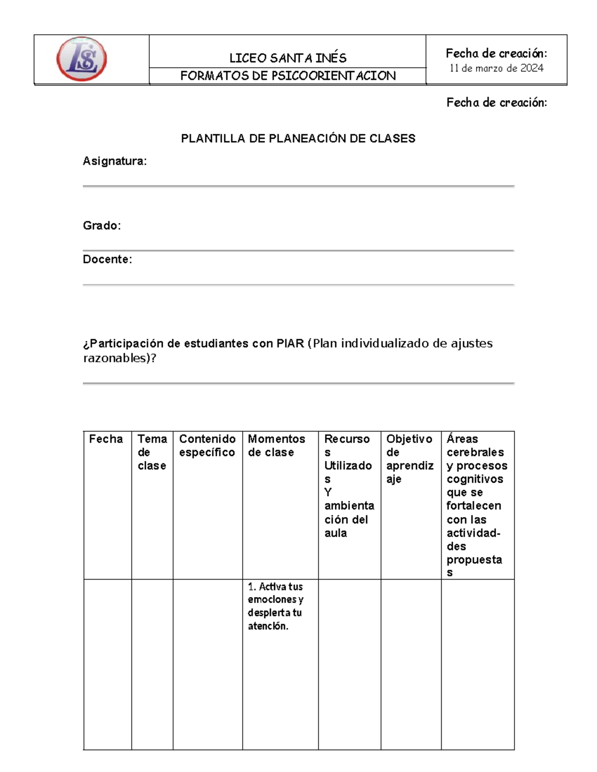Plantilla de Planeación de Clases para Liceo Santa Inés - Studocu