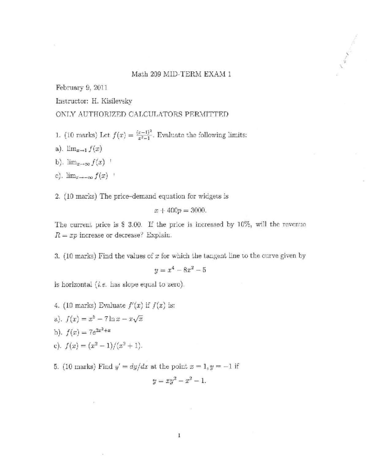Math 209 Midterm Exam Practice - February 9, 2011 - Studocu
