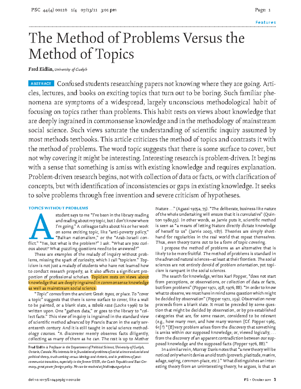 PSC 44(4) 00126: The Method of Problems vs. Topics in Research - Studocu